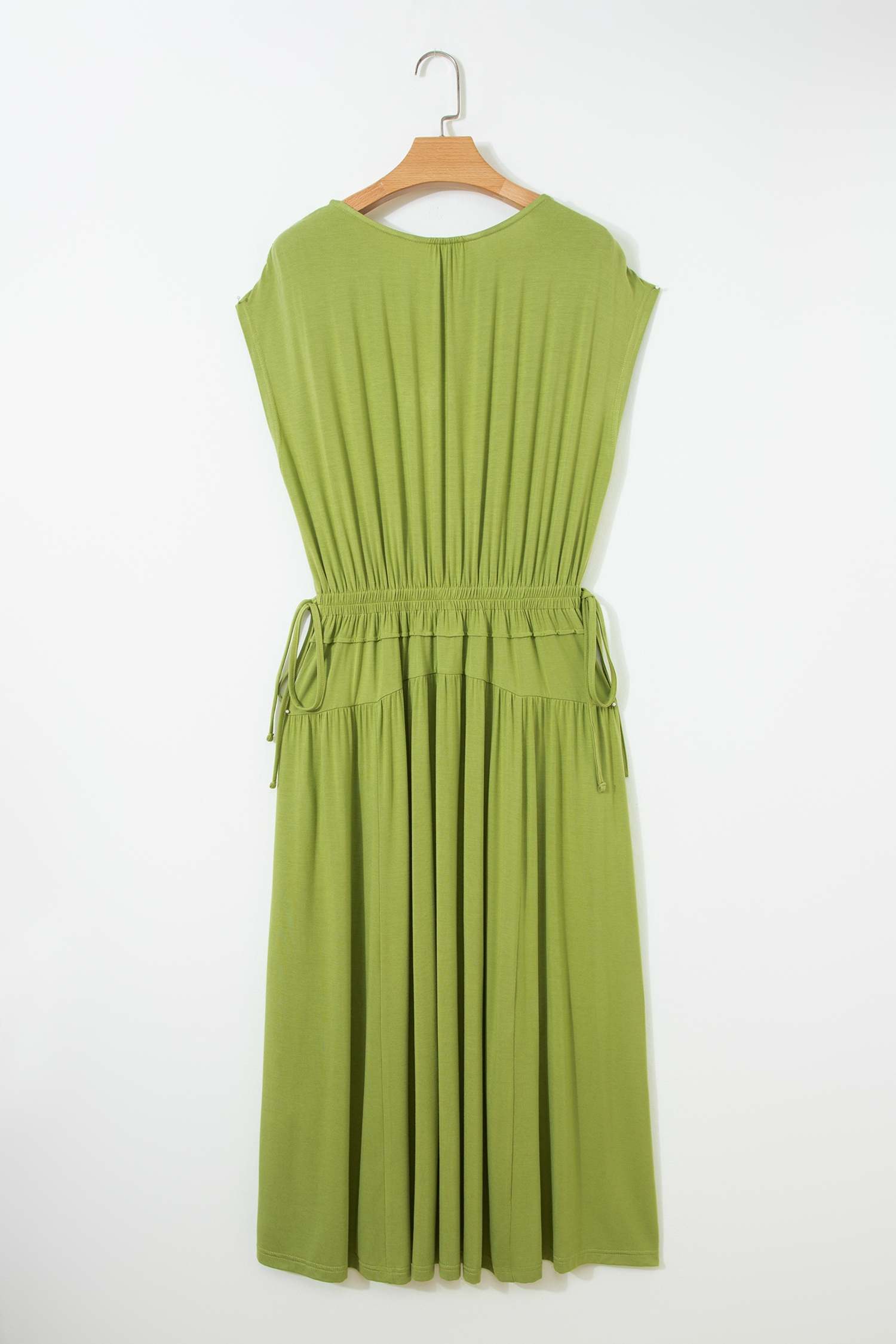 Fern Green Solid V Neck Cap Sleeve Tunic Elastic Waist Versatile Maxi Dress - Image 7