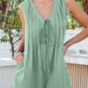 Smoke Green Tie V Neck Pintuck Sleeveless Loose Romper
