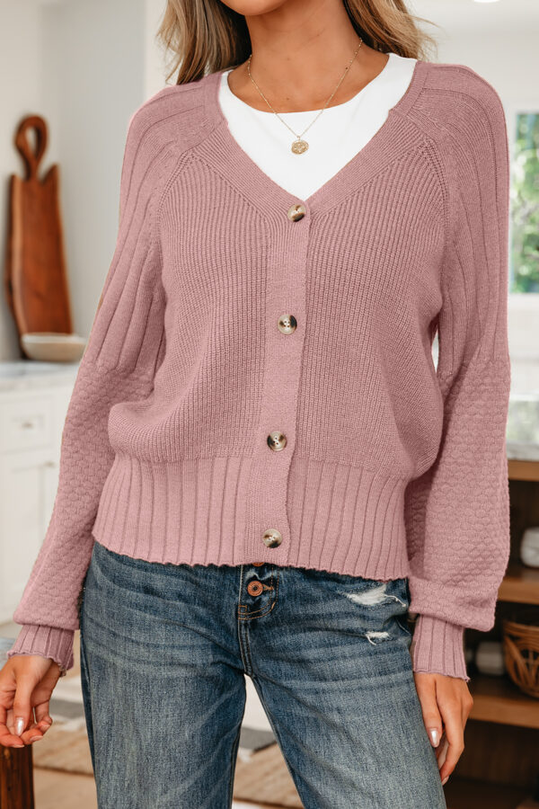 Light Pink Mixed Texture Knit Button V Neck Sweater Cardigan