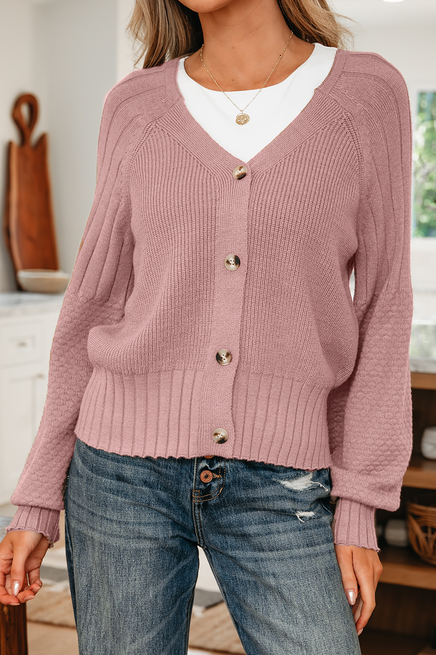 Light Pink Mixed Texture Knit Button V Neck Sweater Cardigan - Image 9
