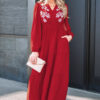 Racing Red Contrast Embroidered Detail Cinched Waist Tiered Long Sleeve Maxi Dress