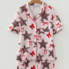 White Leopard Star Ribbon Bow Print Contrast Trim Short Pajama Set