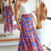 Blue Bohemian Floral Print Tiered Maxi Skirt with Split