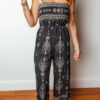 Black Spaghetti Straps Elastic Waist Loose Ethnic Print Jumpsuit