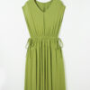 Fern Green Solid V Neck Cap Sleeve Tunic Elastic Waist Versatile Maxi Dress
