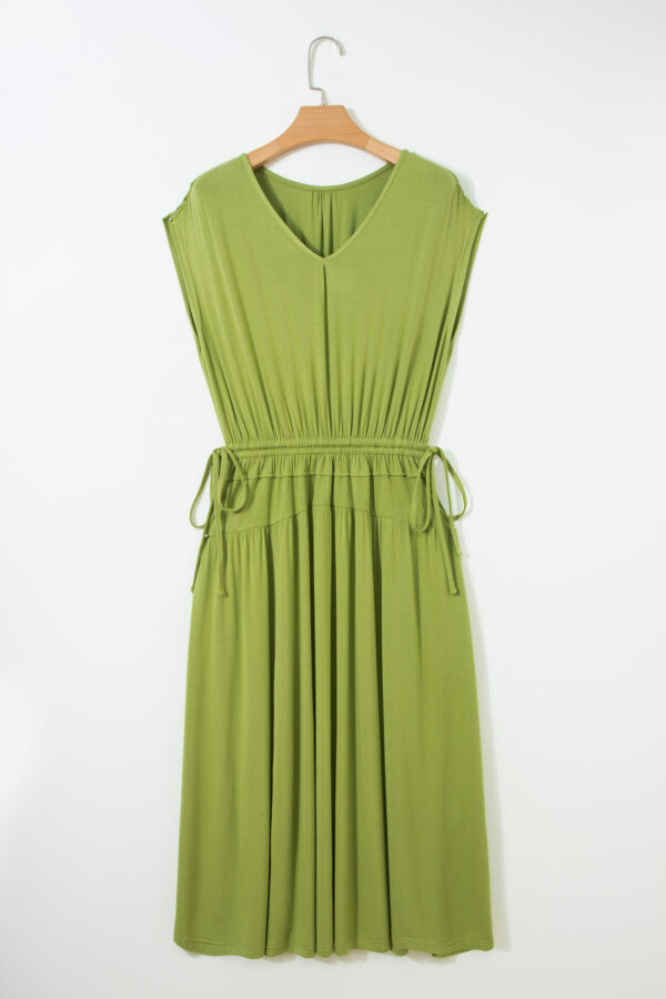 Fern Green Solid V Neck Cap Sleeve Tunic Elastic Waist Versatile Maxi Dress