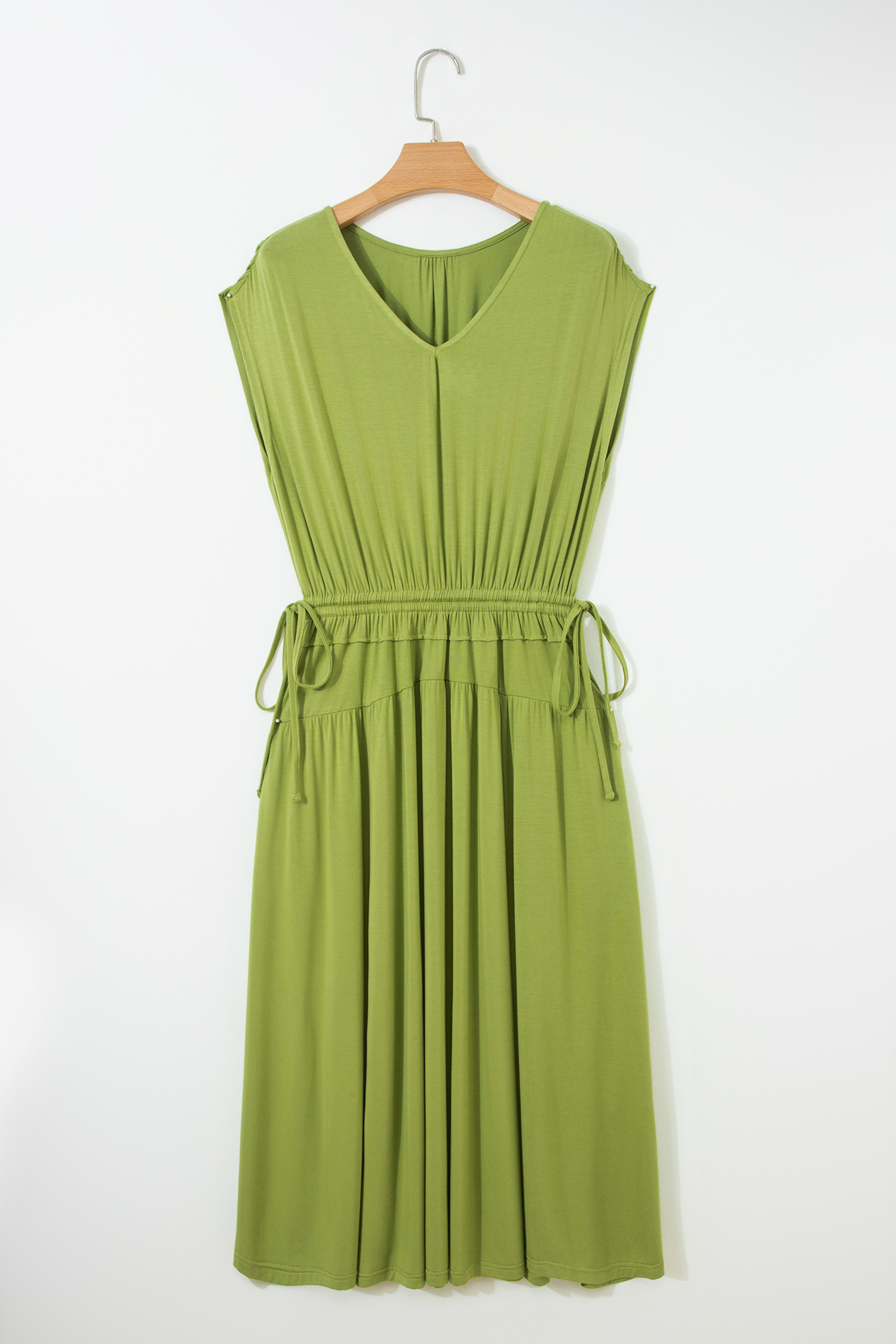 Fern Green Solid V Neck Cap Sleeve Tunic Elastic Waist Versatile Maxi Dress - Image 6