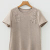 Smoke Gray Solid Color Lace Patched Detail Round Neck Tee