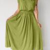 Fern Green Solid V Neck Cap Sleeve Tunic Elastic Waist Versatile Maxi Dress