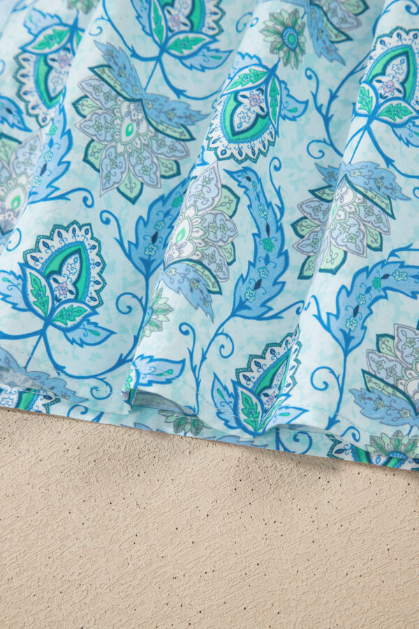 Sky Blue Paisley Print Puff Sleeve Loose Shirt