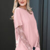 Light Pink Solid Color Bow Textured Patchwork Long Sleeve Tee