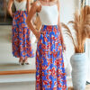 Blue Bohemian Floral Print Tiered Maxi Skirt with Split