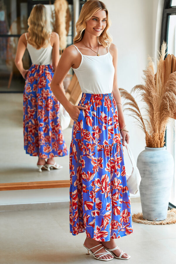 Blue Bohemian Floral Print Tiered Maxi Skirt with Split