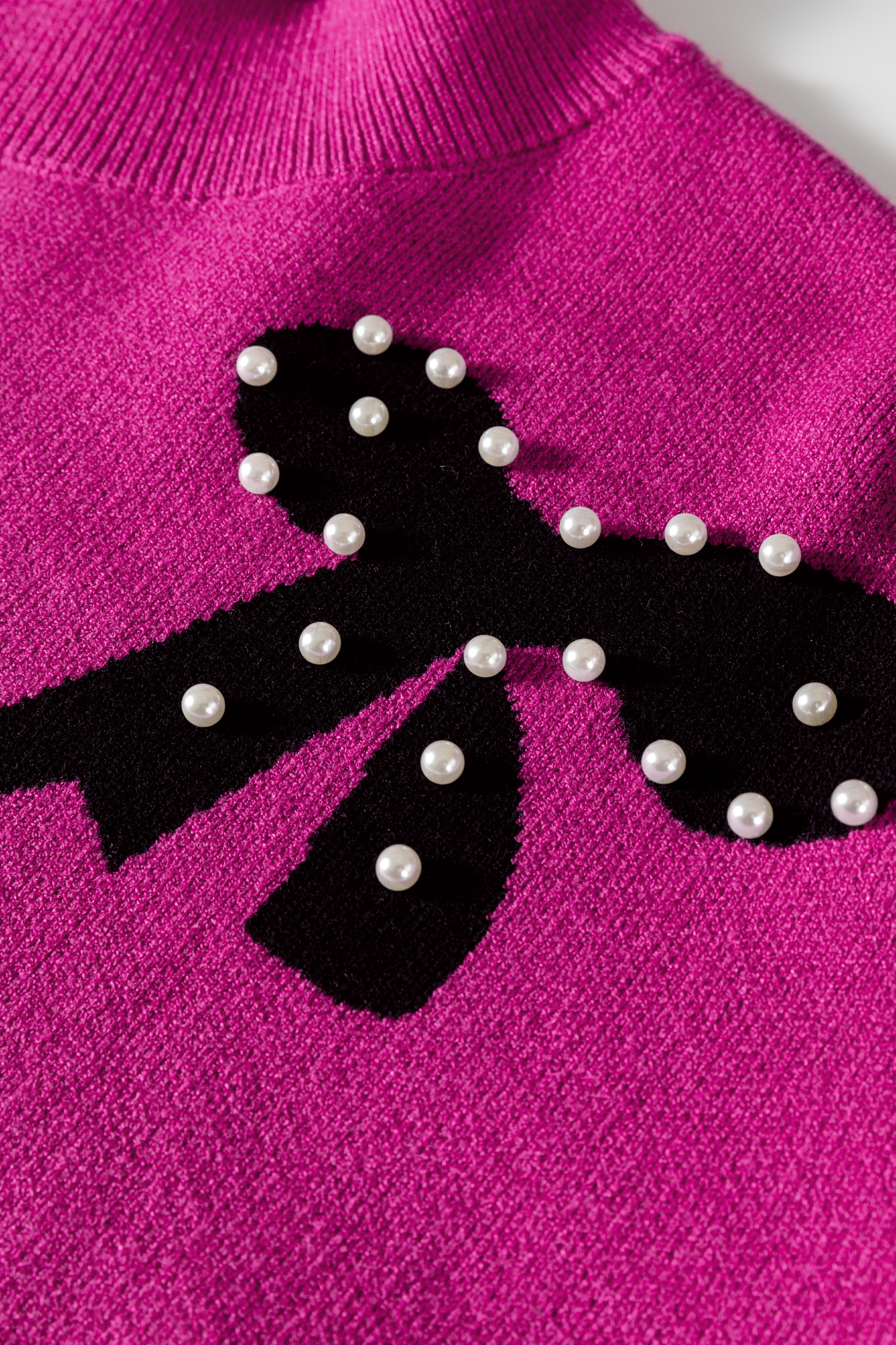 Smoke Gray Pearl Embellished Bow Pattern Loose Sweater - Image 9