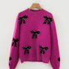 Smoke Gray Pearl Embellished Bow Pattern Loose Sweater