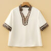 Jet Stream Leopard Patchwork Trim Split Neck Short Sleeve Blouse