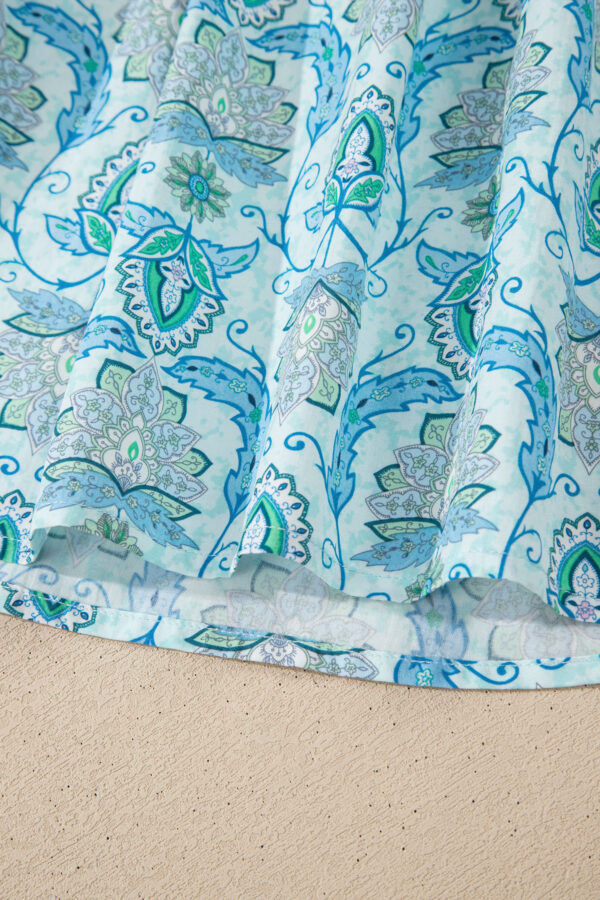 Sky Blue Paisley Print Puff Sleeve Loose Shirt