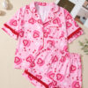 Pink Sweet Heart Cake Print Contrast Ruffle Trim Valentines 2pcs Pajama Set