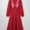 Racing Red Contrast Embroidered Detail Cinched Waist Tiered Long Sleeve Maxi Dress