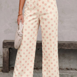 White Polka Dot Print Patched Pocket Loose Pants