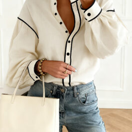 Beige Contrast Color Trim Button Down Long Puff Sleeve Shirt