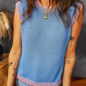 Sky Blue Contrast Trim Round Neck Sleeveless Sweater