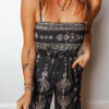 Black Spaghetti Straps Elastic Waist Loose Ethnic Print Jumpsuit