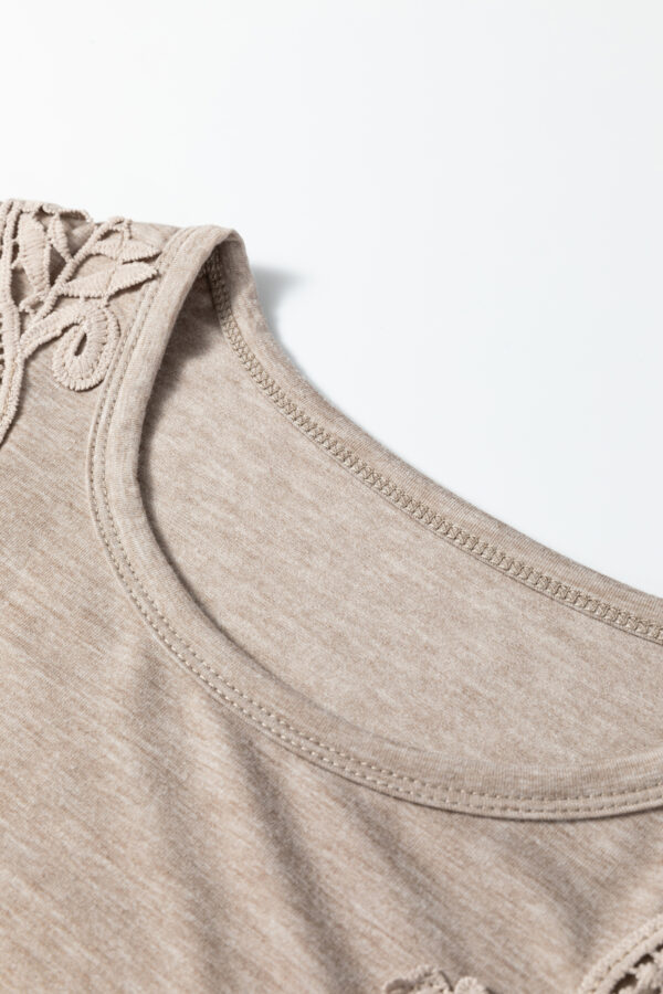 Smoke Gray Solid Color Lace Patched Detail Round Neck Tee