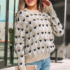 Parchment Geometric Heart Print Ribbed Trim Loose Sweater