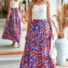 Blue Bohemian Floral Print Tiered Maxi Skirt with Split