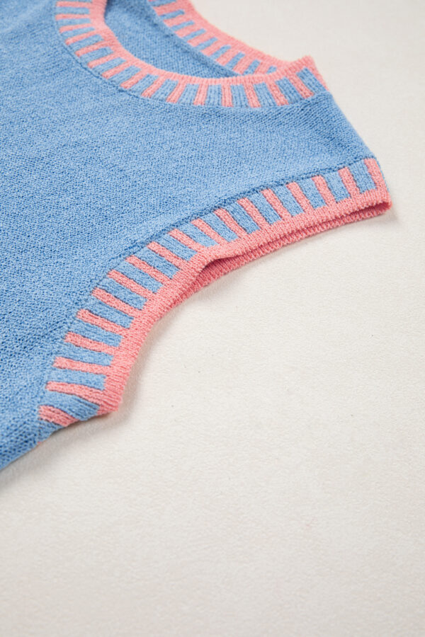 Sky Blue Contrast Trim Round Neck Sleeveless Sweater
