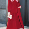 Racing Red Contrast Embroidered Detail Cinched Waist Tiered Long Sleeve Maxi Dress