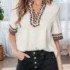 Jet Stream Leopard Patchwork Trim Split Neck Short Sleeve Blouse