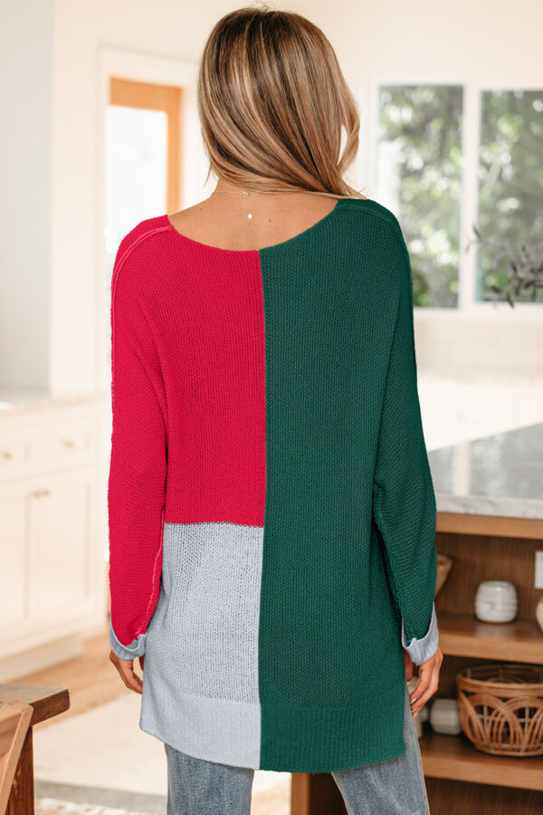 Black Color Block Knit V Neck Loose Sweater