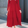 Racing Red Contrast Embroidered Detail Cinched Waist Tiered Long Sleeve Maxi Dress