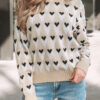 Parchment Geometric Heart Print Ribbed Trim Loose Sweater