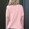 Light Pink Solid Color Bow Textured Patchwork Long Sleeve Tee