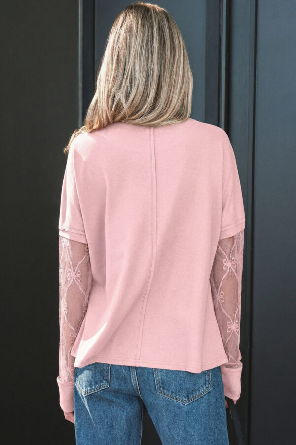 Light Pink Solid Color Bow Textured Patchwork Long Sleeve Tee
