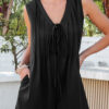 Smoke Green Tie V Neck Pintuck Sleeveless Loose Romper