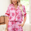 Pink Sweet Heart Cake Print Contrast Ruffle Trim Valentines 2pcs Pajama Set