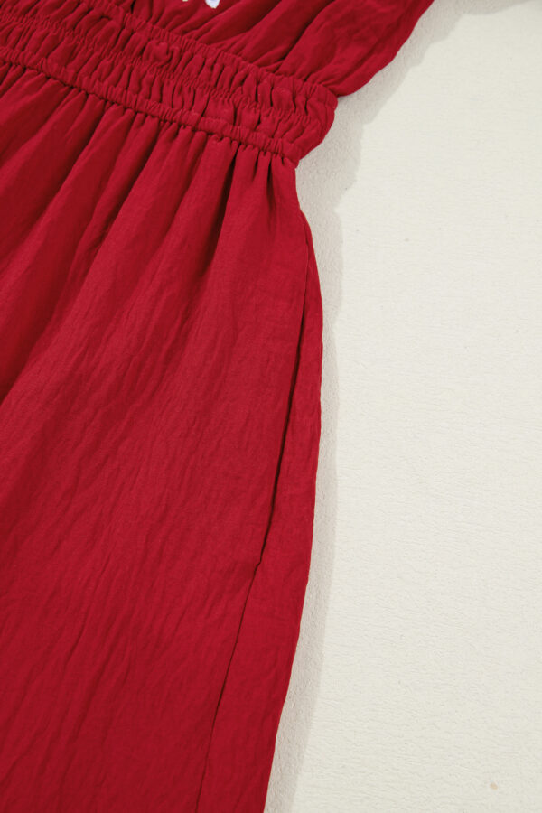 Racing Red Contrast Embroidered Detail Cinched Waist Tiered Long Sleeve Maxi Dress