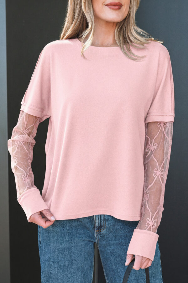 Light Pink Solid Color Bow Textured Patchwork Long Sleeve Tee