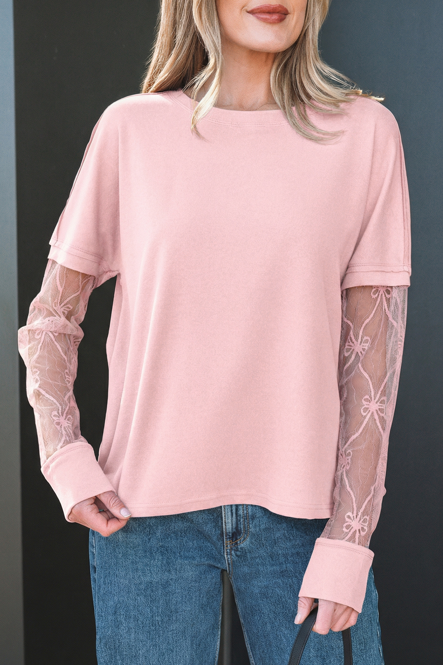 Light Pink Solid Color Bow Textured Patchwork Long Sleeve Tee - Image 7