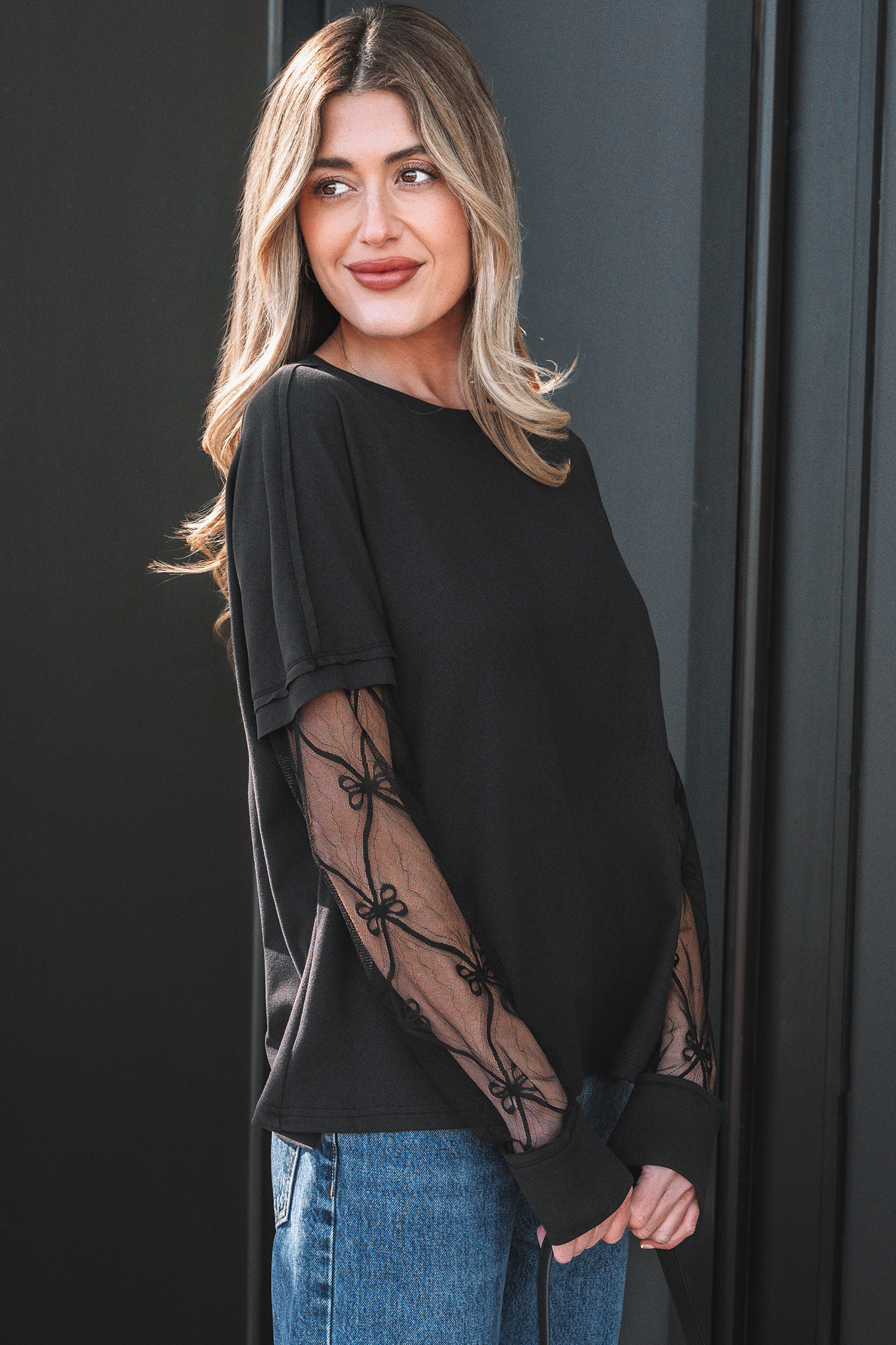 Light Pink Solid Color Bow Textured Patchwork Long Sleeve Tee - Image 18