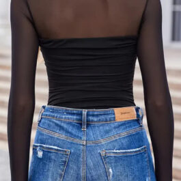 Black Sheer Mesh Patchwork High Neck Long Sleeve Top