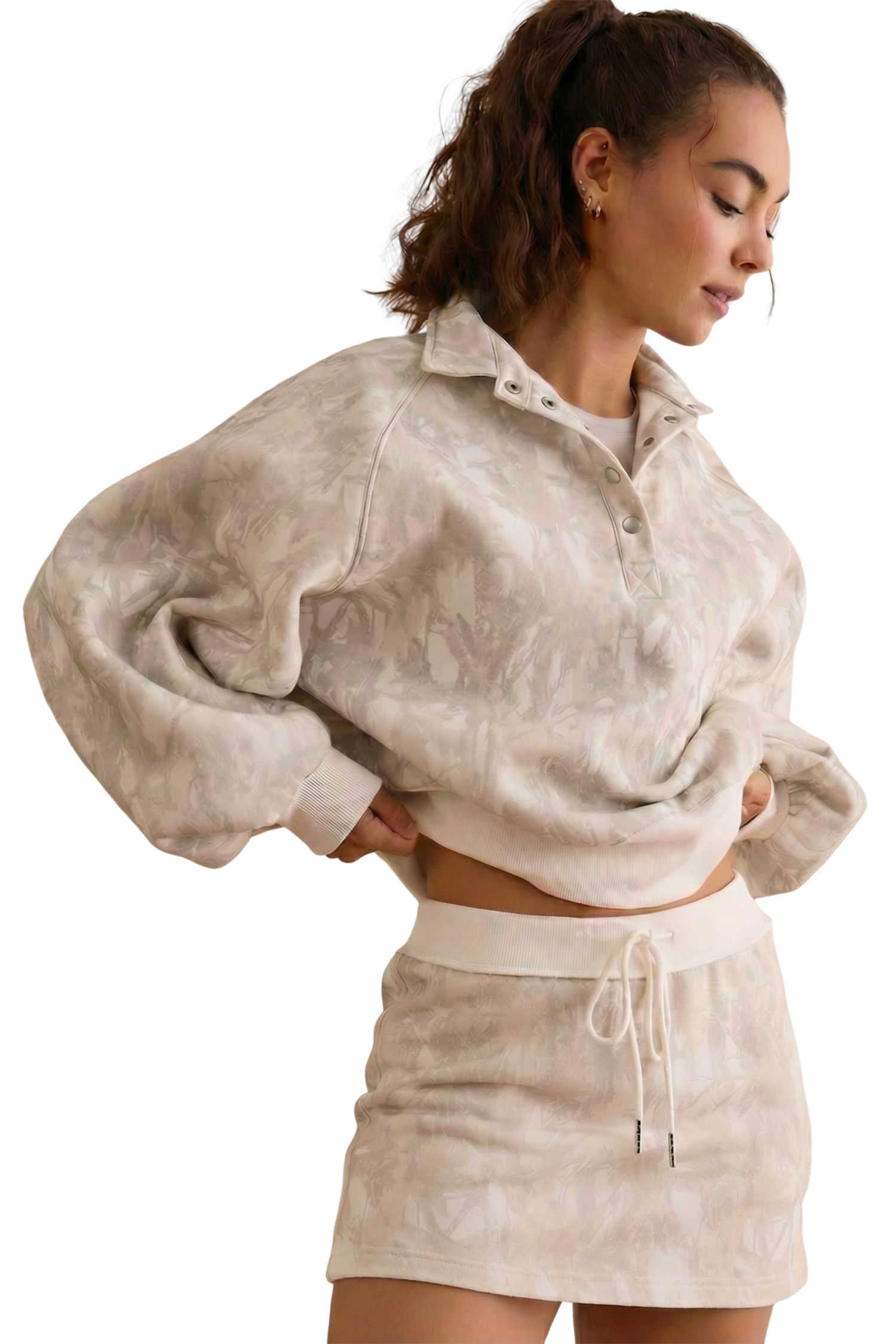 White Abstract Woodland Print Balloon Sleeve Pullover Drawstring Mini Skort Set - Image 5