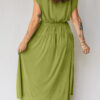 Fern Green Solid V Neck Cap Sleeve Tunic Elastic Waist Versatile Maxi Dress