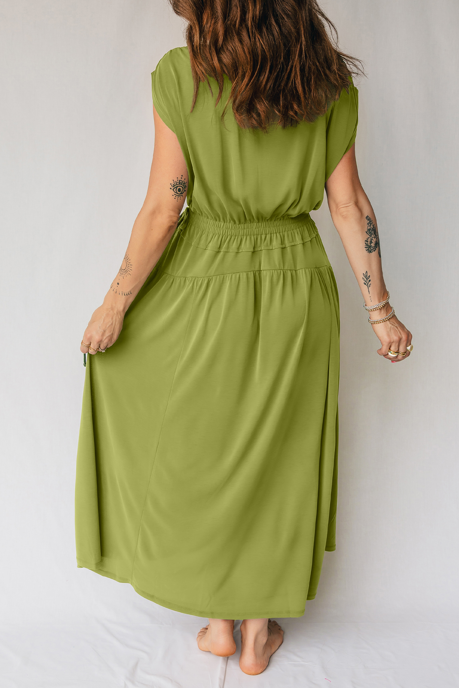 Fern Green Solid V Neck Cap Sleeve Tunic Elastic Waist Versatile Maxi Dress - Image 2