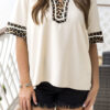 Jet Stream Leopard Patchwork Trim Split Neck Short Sleeve Blouse