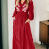 Racing Red Contrast Embroidered Detail Cinched Waist Tiered Long Sleeve Maxi Dress